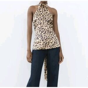 Zara Halter Neck Leopard Print Satin Effect Backless Tie Back Top Size XS NWT